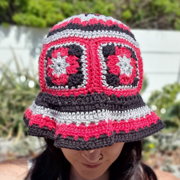 Crochet Bucket Hat - Red Granny Square